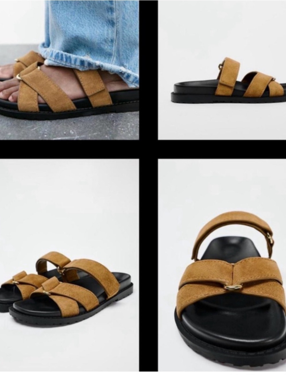 Zara Men's Tan Suede Cross-Strap Sandals with Black Sole
